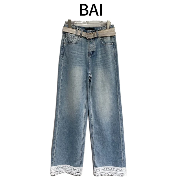 【BAI】直筒牛仔裤夏季时尚拼接蕾丝宽松阔腿裤女278