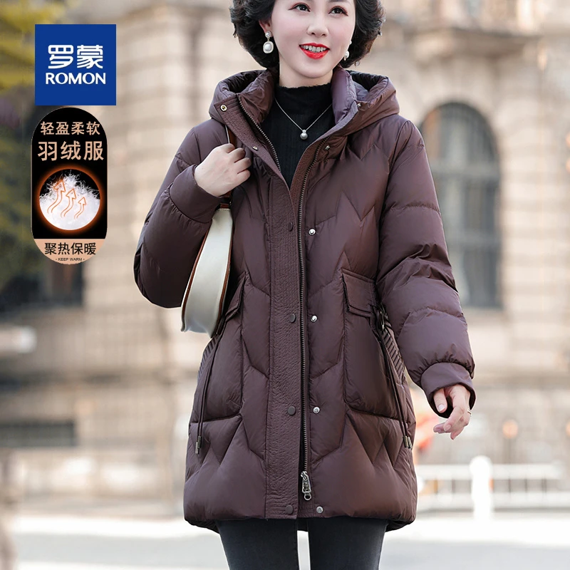 罗蒙气质连帽妈妈冬装羽绒服女新款时尚中长款加厚保暖中年外套