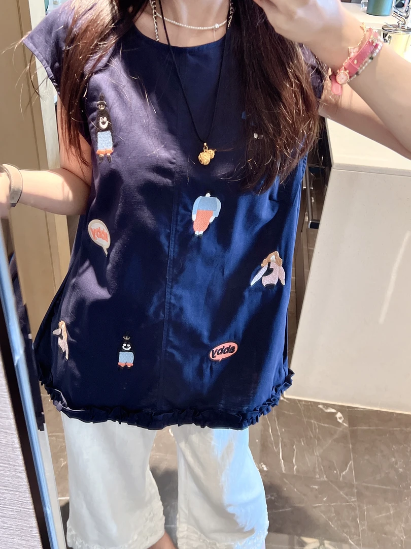 xxxwxz王希之  藏蓝色木耳边卡刺绣花娃娃衫#z2138