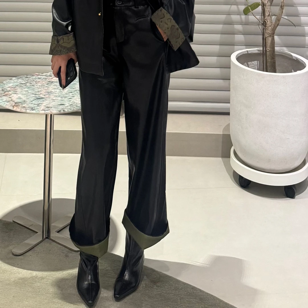 205高腰显瘦百搭休闲时尚阔腿皮裤直筒长裤女