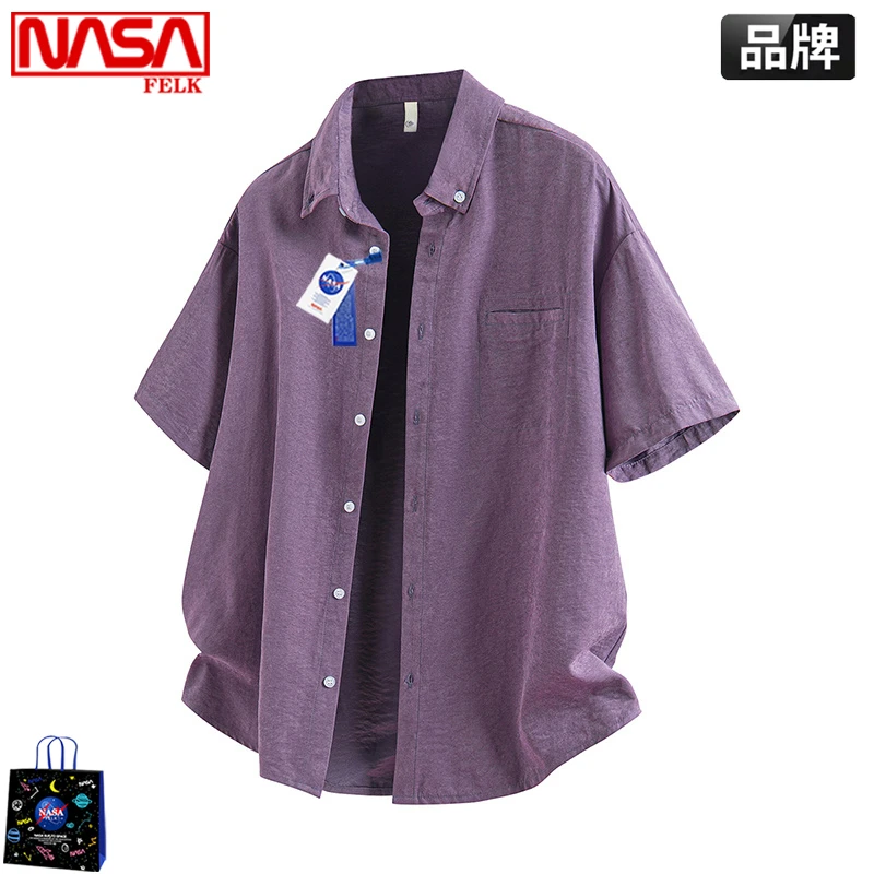 NASA美式潮牌痞帅设计感紫色半袖衬衫男款夏季学生短袖衬衣薄寸衫