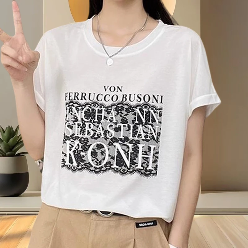 2025夏季新款时尚洋气字母印花圆领短袖t恤宽松大码休闲百搭上衣