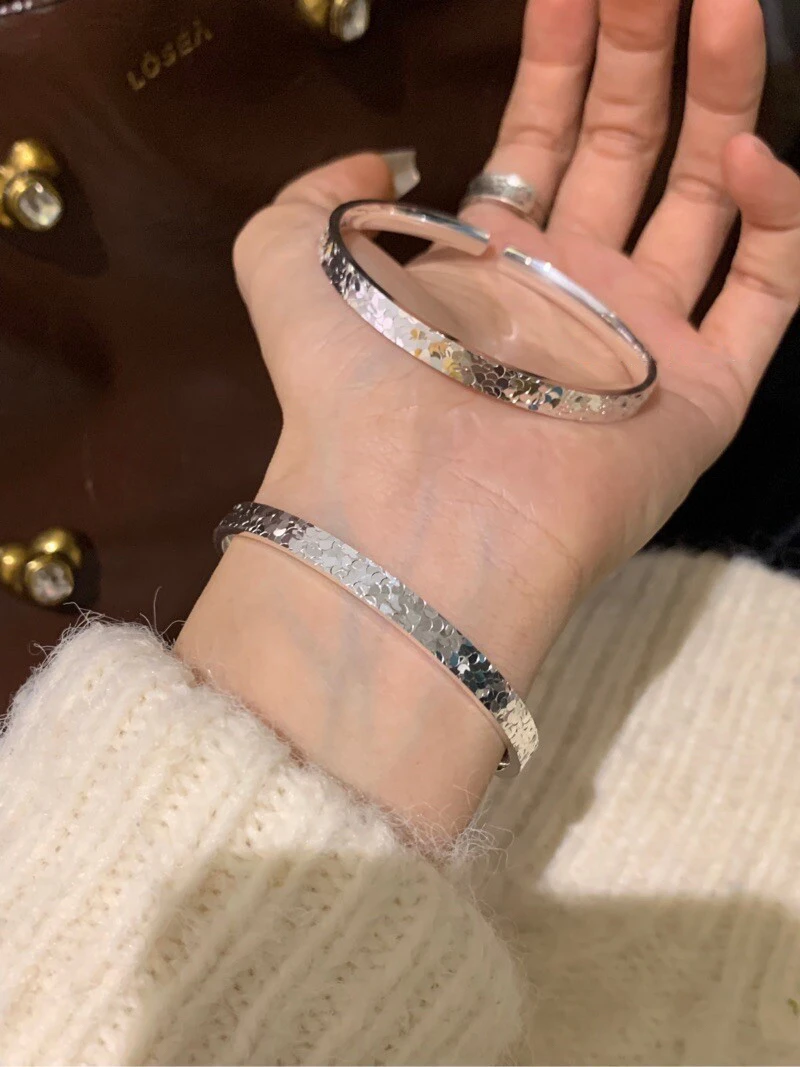 足银手镯 足银999.9碎冰冰开口手镯同款可调节戒指气质百搭实心