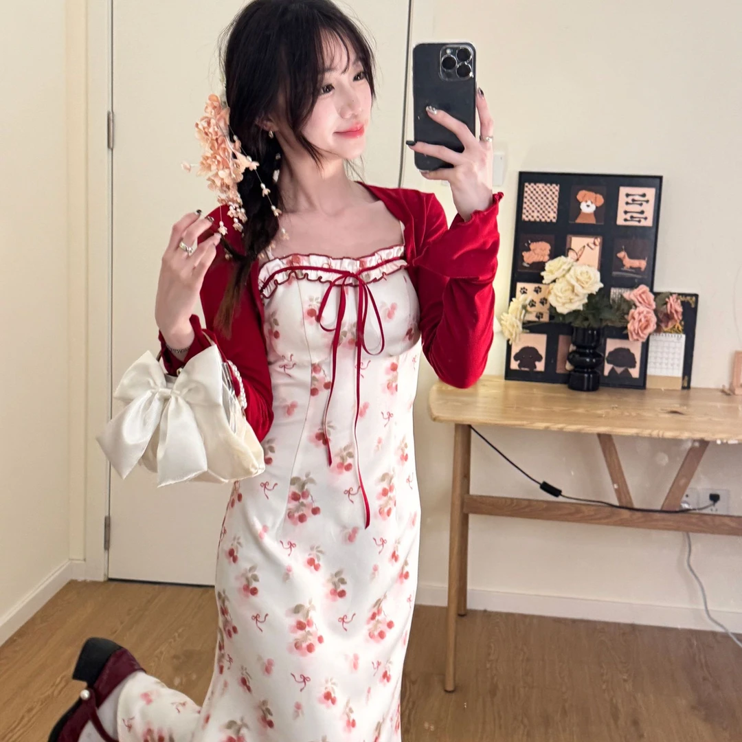 松风茶韵鱼尾裙 织物猪原创 甜美少女风碎花吊带鱼尾裙夏季女开衫