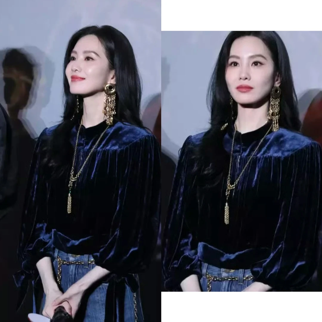 刘诗诗私服穿搭高级感百搭丝绒上衣春秋款轻奢气质法式复古衬衫女