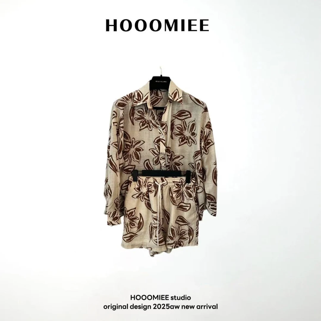 Hooomiee慵懒风棕色时尚印花衬衫松紧短裤套装A68