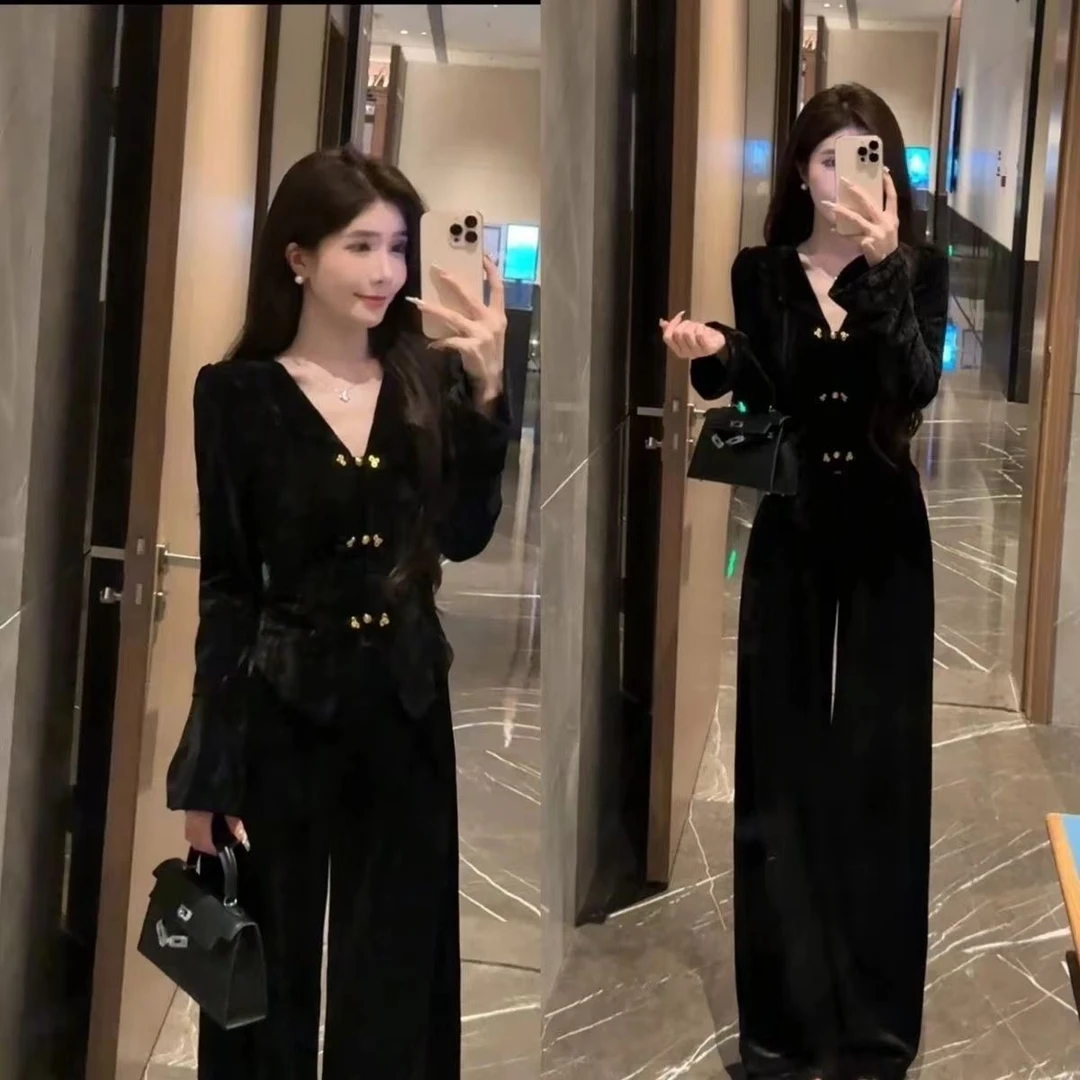 名媛轻熟风2025初春新款V领长袖上衣阔腿裤套装丝绒女装气质ins风