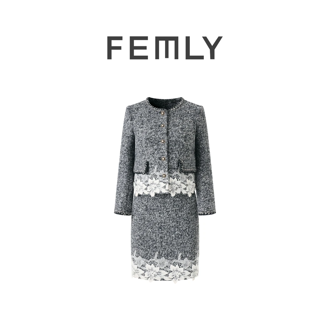 FEMLY/法曼丽复古气质轻奢毛呢蕾丝拼接时尚小香风两件套2516