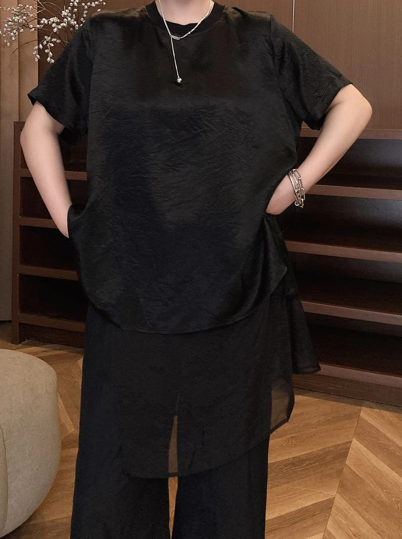 2025新款欧货百搭显瘦醋酸拼接女士上衣宽松黑色休闲时尚