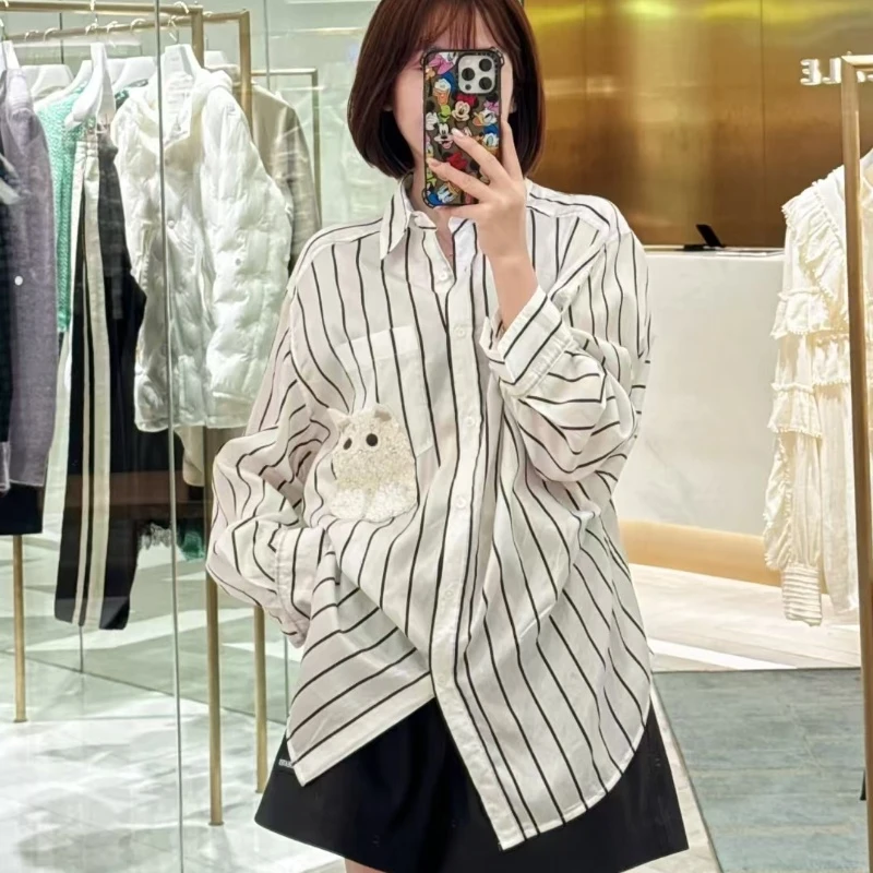 2025春新猫咪刺绣条纹衬衣女