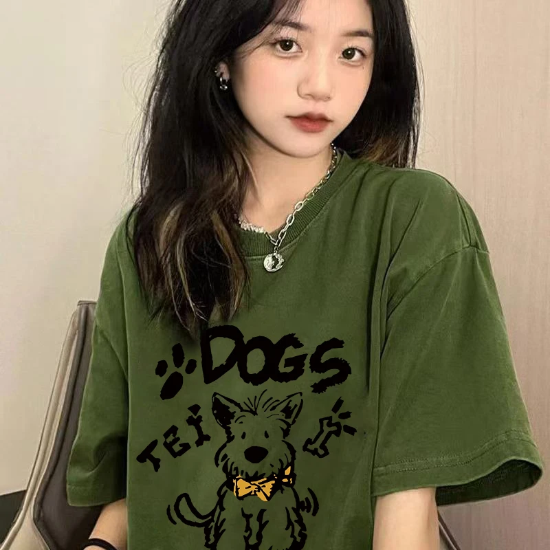【帝韵】新款美式复古绿色卡通小狗印花短袖T恤女夏季国潮纯棉上衣