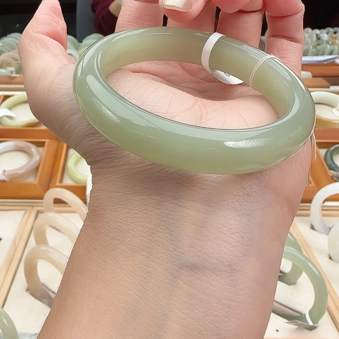 和田玉未镶嵌手镯冰胶 晴绿 正圈54-55