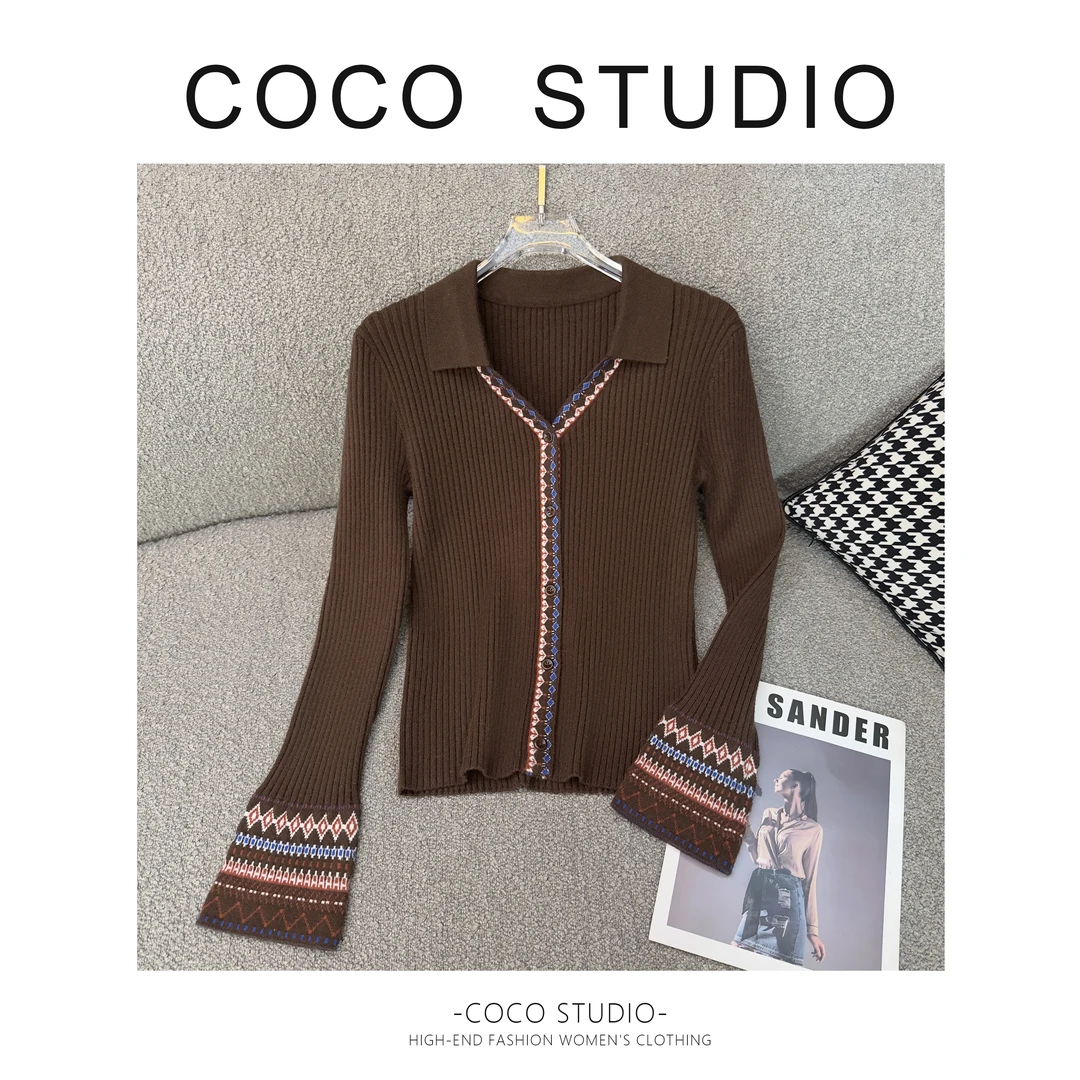 花纹百搭厚款V领时尚女毛针织衫女装显瘦提花针织DDS147