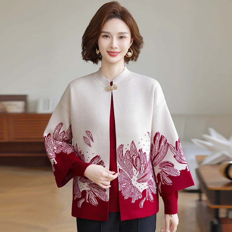 妈妈装秋冬季新针织开衫提花中老年两件套舒适保暖时尚50-60上衣