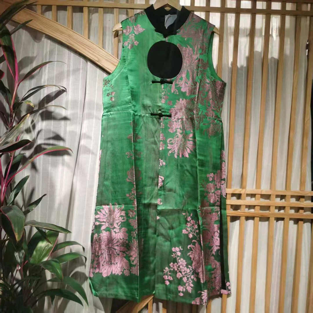 凤徕兮私人定制绿底淡紫花暗纹小立领对襟马甲(LS368-27)