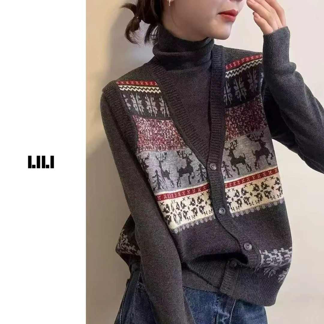 【西米鹿费尔岛】套装Q002绵羊毛打底衫+提花马甲两件套女秋冬毛衣