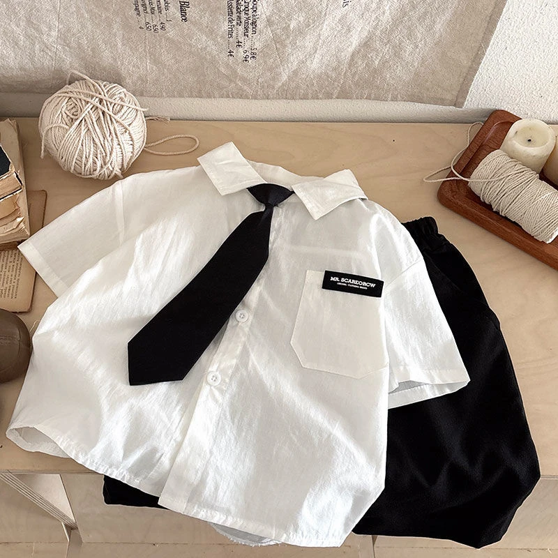 男童夏装套装儿童短袖白衬衫2024夏季小童帅气宝宝衬衣两件套学院