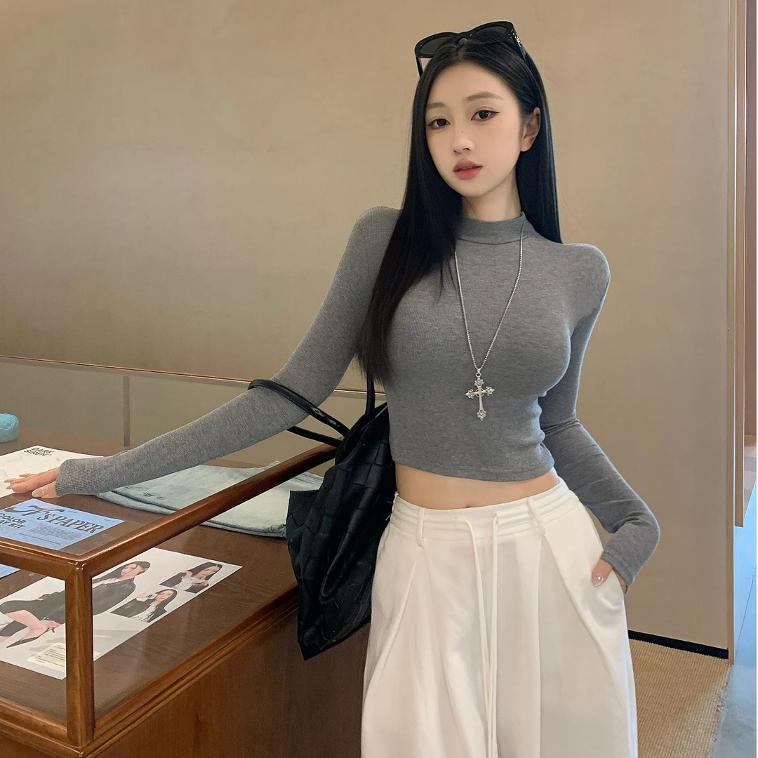 美式辣妹高腰短款纯色半高领紧身长袖T恤女 正肩修身打底短款上衣