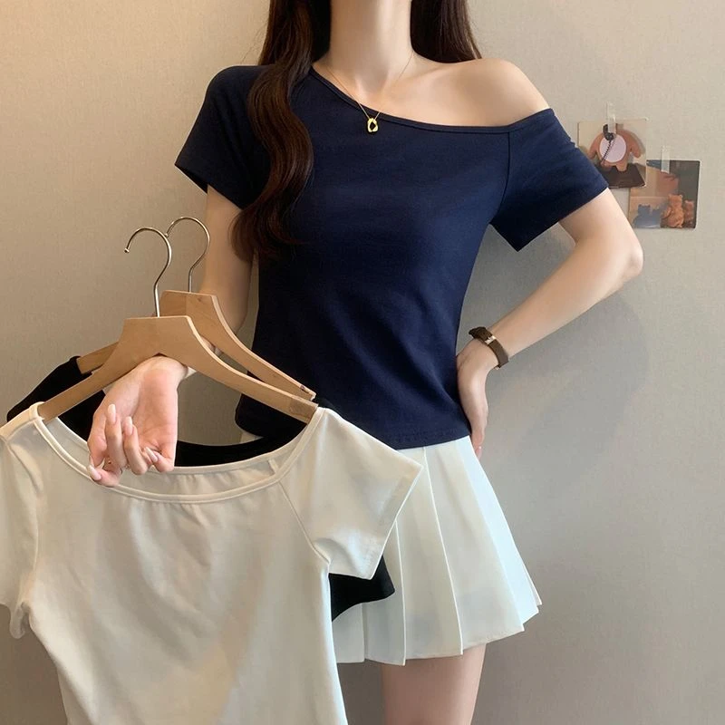 设计感性感辣妹露肩T恤女2025夏季大码胖mm修身显瘦百搭短款上衣