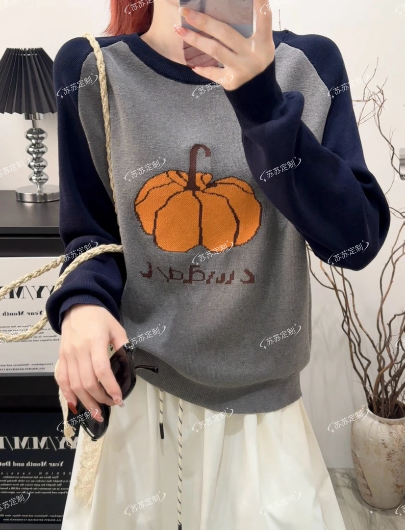 a201-a400针织条纹拼接女秋季长袖毛针织衫秋冬宽松春秋翻领