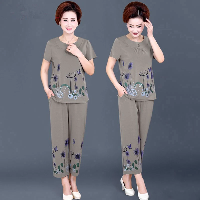 中老年夏装女两件套2022新款妈妈装夏季短袖套装40岁50中年人T恤