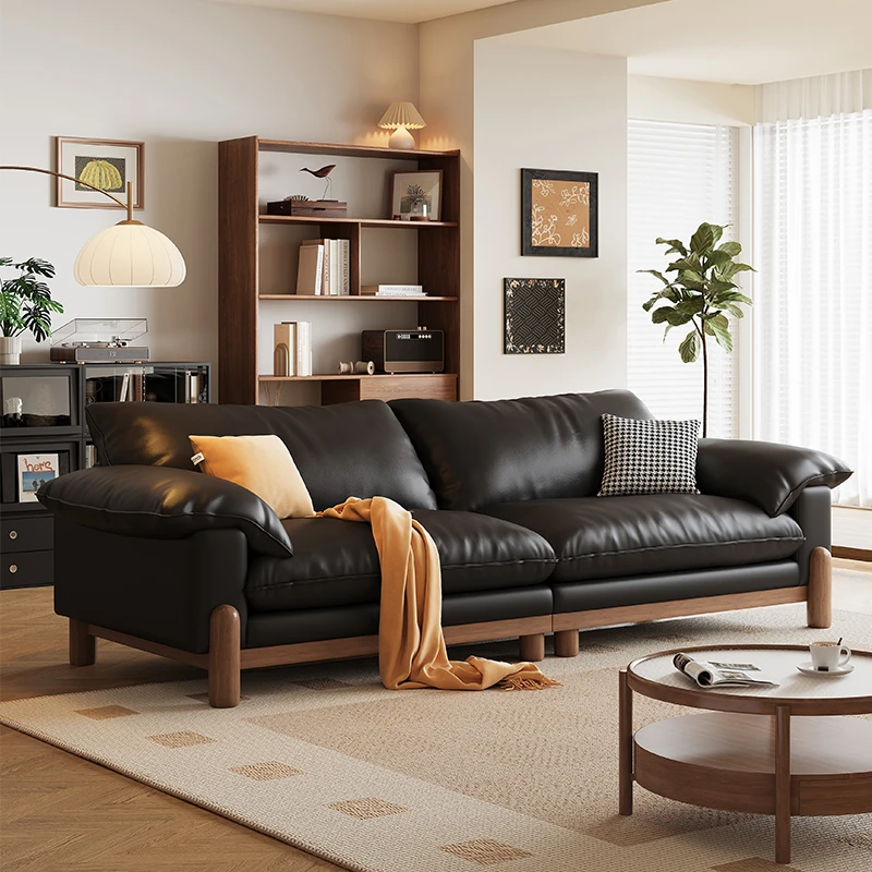 法式复古真皮沙发简约客厅胡桃木实木贵妃直排皮艺沙发