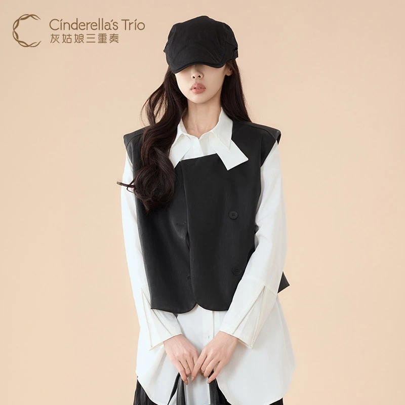 灰姑娘三重奏C·春季新款时尚气质显瘦百搭黑色PU马甲H251119007