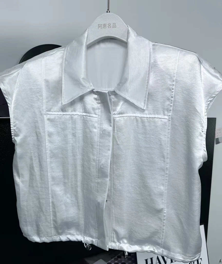 283#小香风缎面无袖衬衫女2025夏季洋气高端可收腰上衣