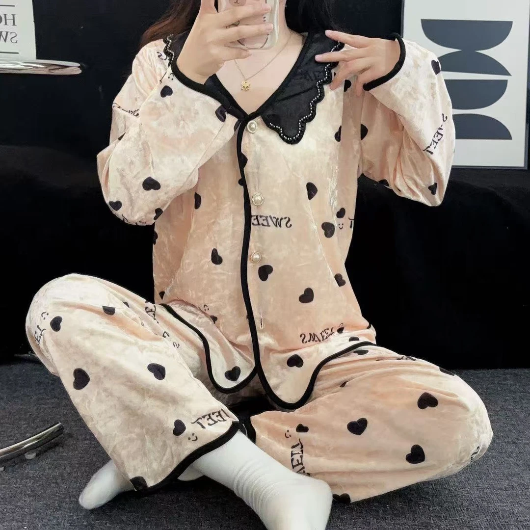 琥珀流光秋冬丝绒睡衣轻奢钻石绒甜美印花家居服睡衣套装可外穿Q