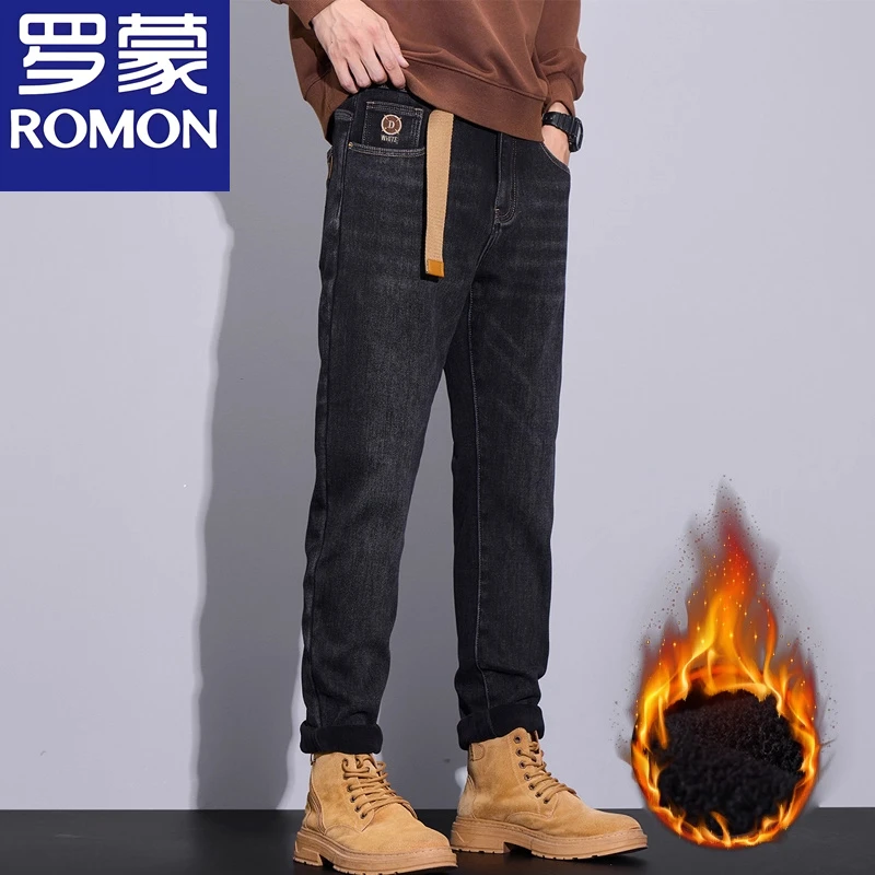 罗蒙2025秋冬加厚男款奥粒绒保暖修身新款直筒加绒百搭牛仔裤男士