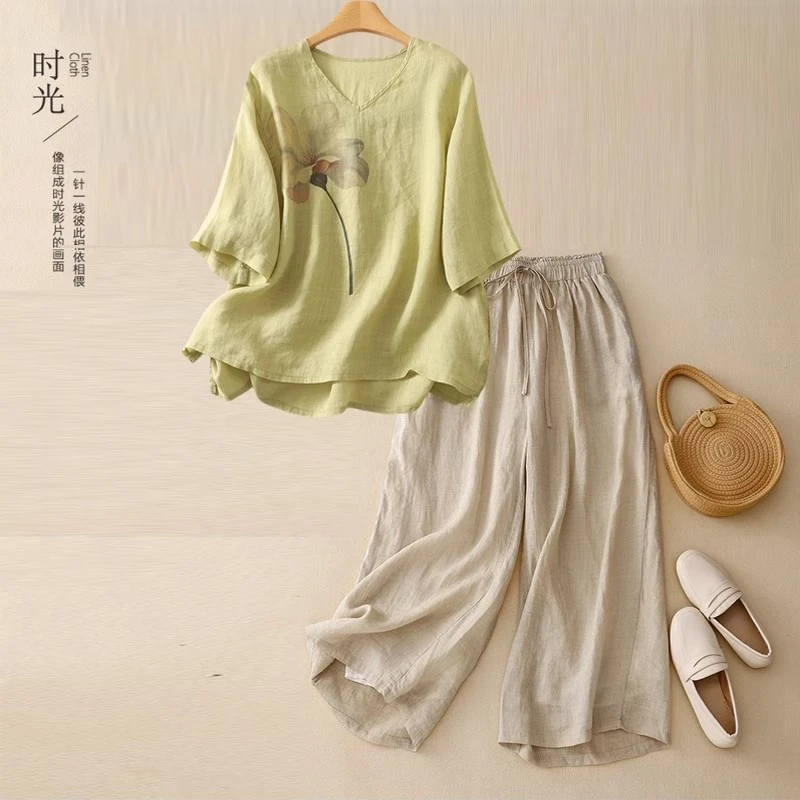 大码文艺复古苎麻妈妈夏装套装中老年女装棉麻亚麻阔腿裤两件套女