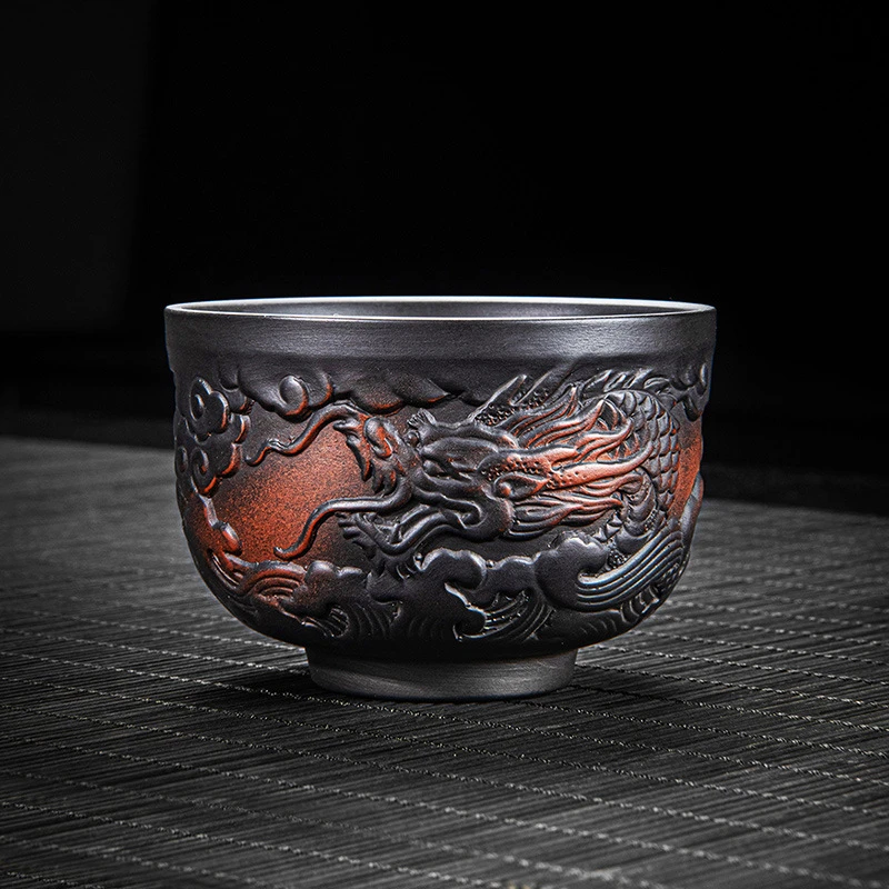 紫陶主人杯纯手工龙纹大容量茶杯中式喝茶杯家用复古单杯个人专用