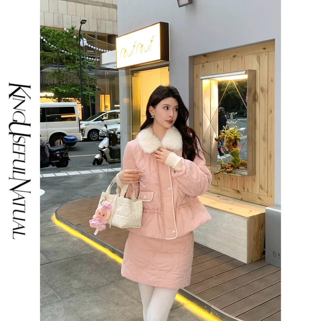 KUN【瑞拉千金】高定系列 珍珠绗棉外套短裙秋冬加厚粉色棉服套装