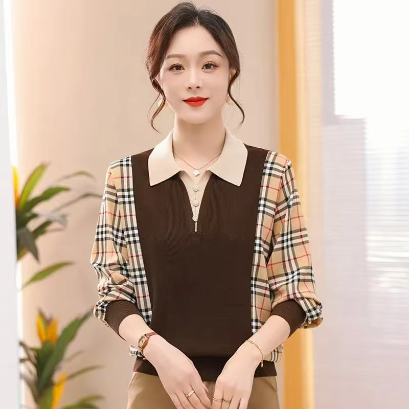 春夏装新款妈妈装洋气格子拼接翻领小衫女