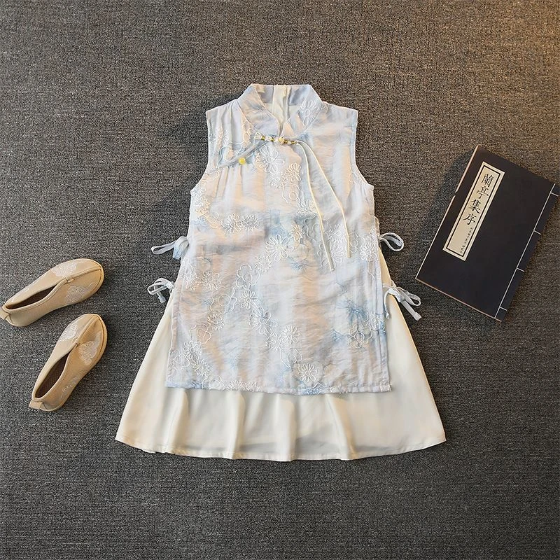2025新款女童夏连衣裙无袖旗袍六一古筝表演服新中式改良宝宝无袖