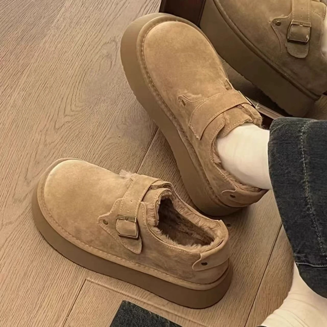 三福真皮勃肯鞋女款厚底增高雪地靴冬季加绒学生保暖防滑毛毛棉鞋