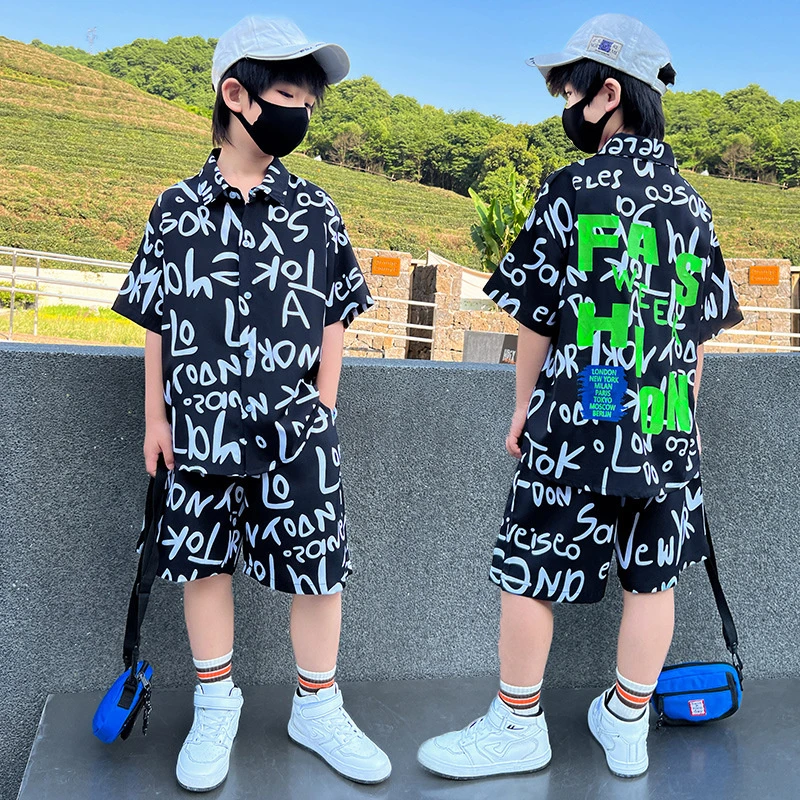 男童夏装短袖衬衫套装新款洋气中大童两件套男孩炸街运动宽松薄款