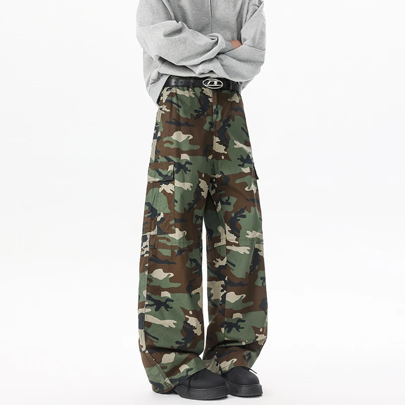 美式复古水洗口袋阔腿宽松cleanfit男女休闲直筒伞兵裤迷彩工装裤