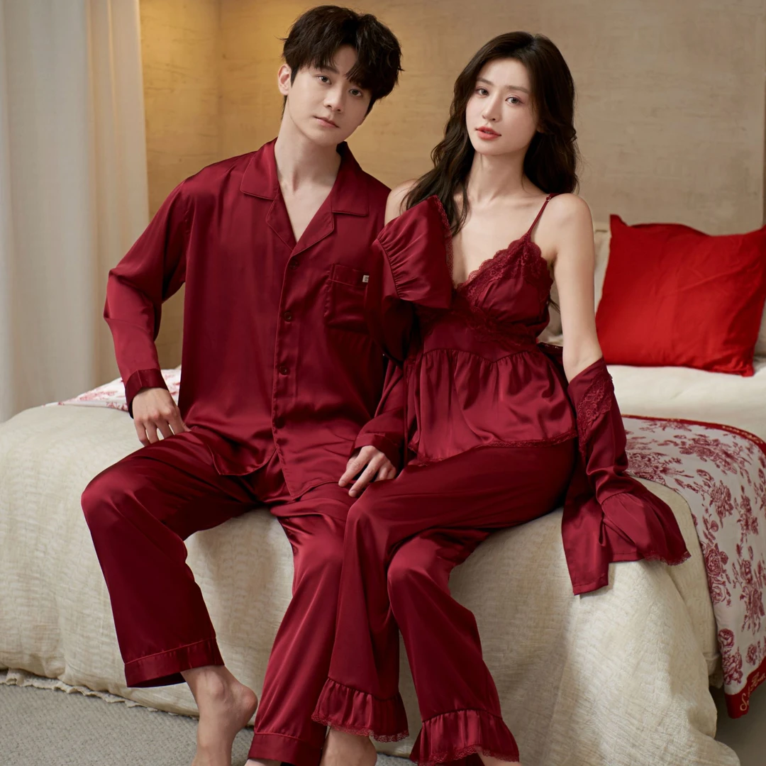 三件套情侣睡衣女春秋季冰丝长袖红色性感吊带带胸垫新婚家居服男