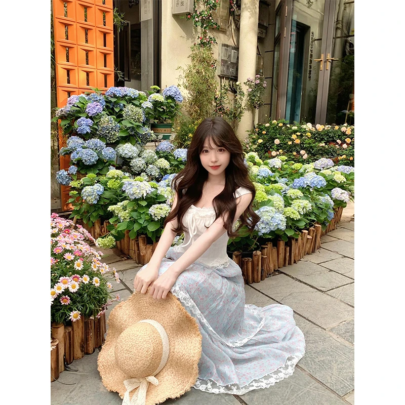 法式气质温柔风蕾丝拼接花边上衣女2025夏季新款碎花半身裙两件套