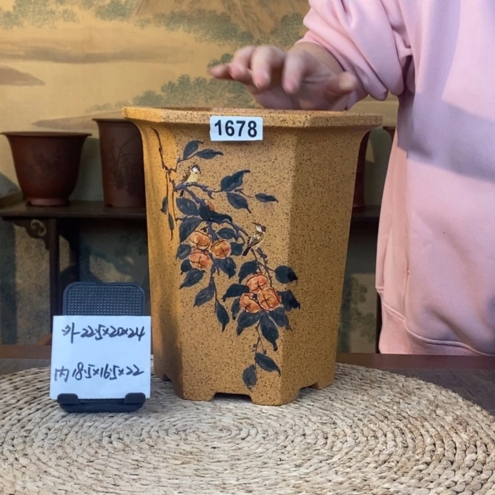 花盆紫砂  特价柴烧柿柿如意彩绘六方1678