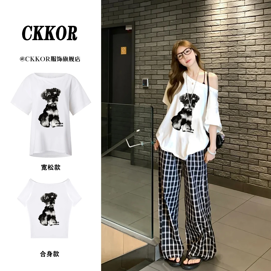 CKKOR夏季韩版一字露肩短袖t恤女休闲松弛慵懒风穿搭新款洋气上衣