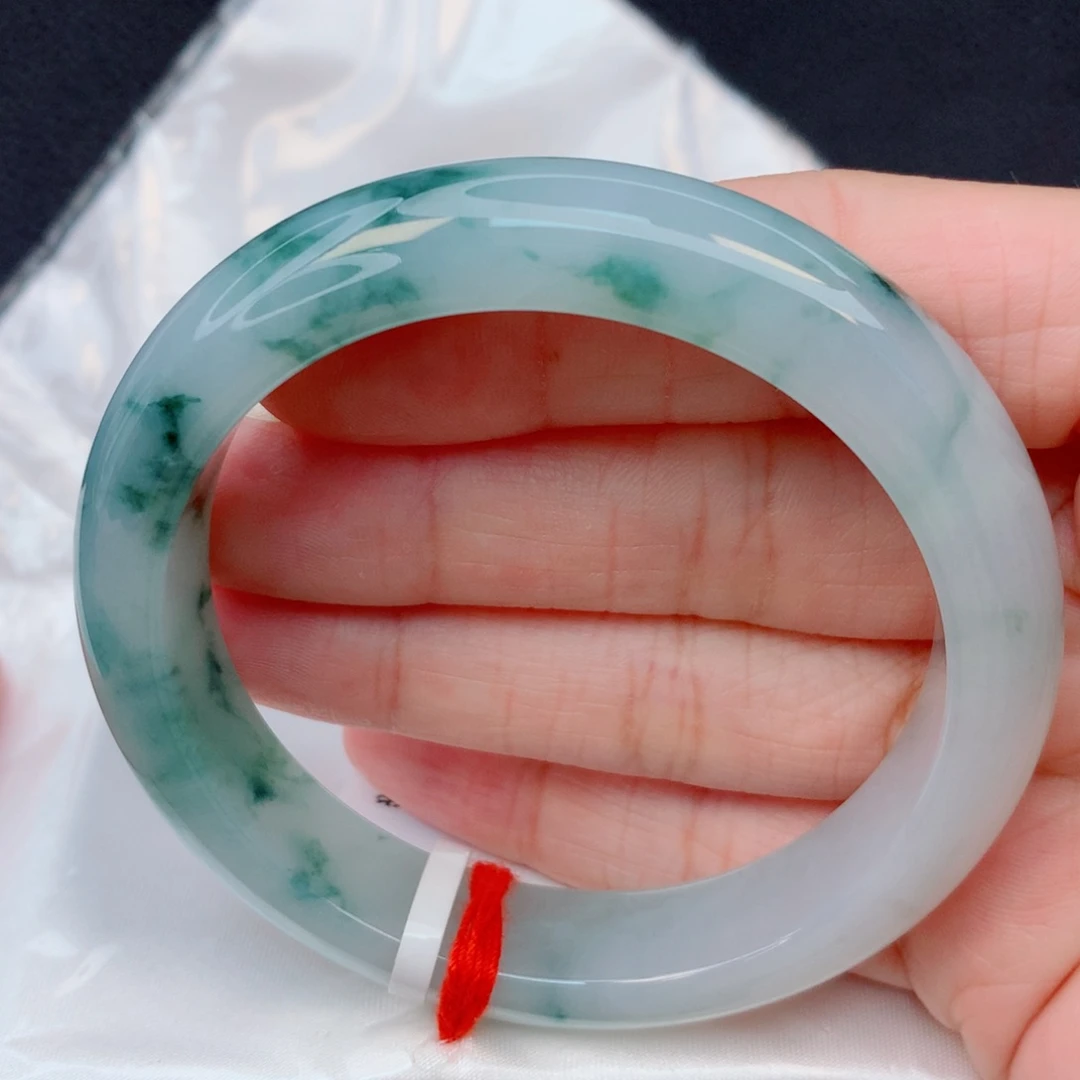 翡翠未镶嵌手镯55圈 细糯化飘蓝绿花水润