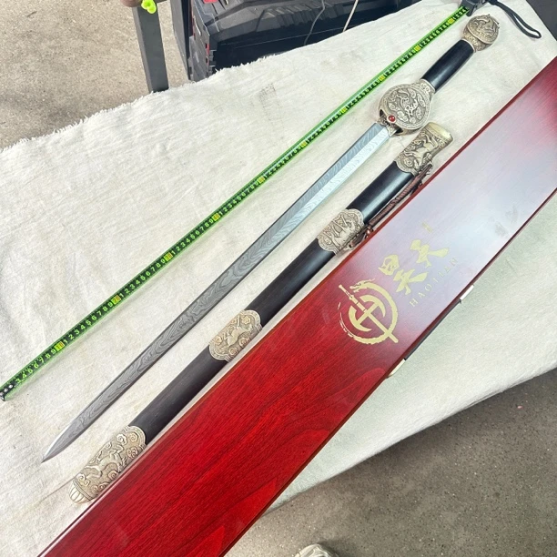 龙泉昊天宝剑纯银原磨马到成功天铁剑28寸黑檀木未开刃