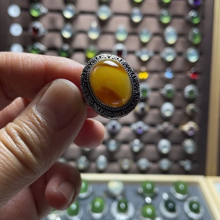 蛇纹石玉银S925镶嵌戒指