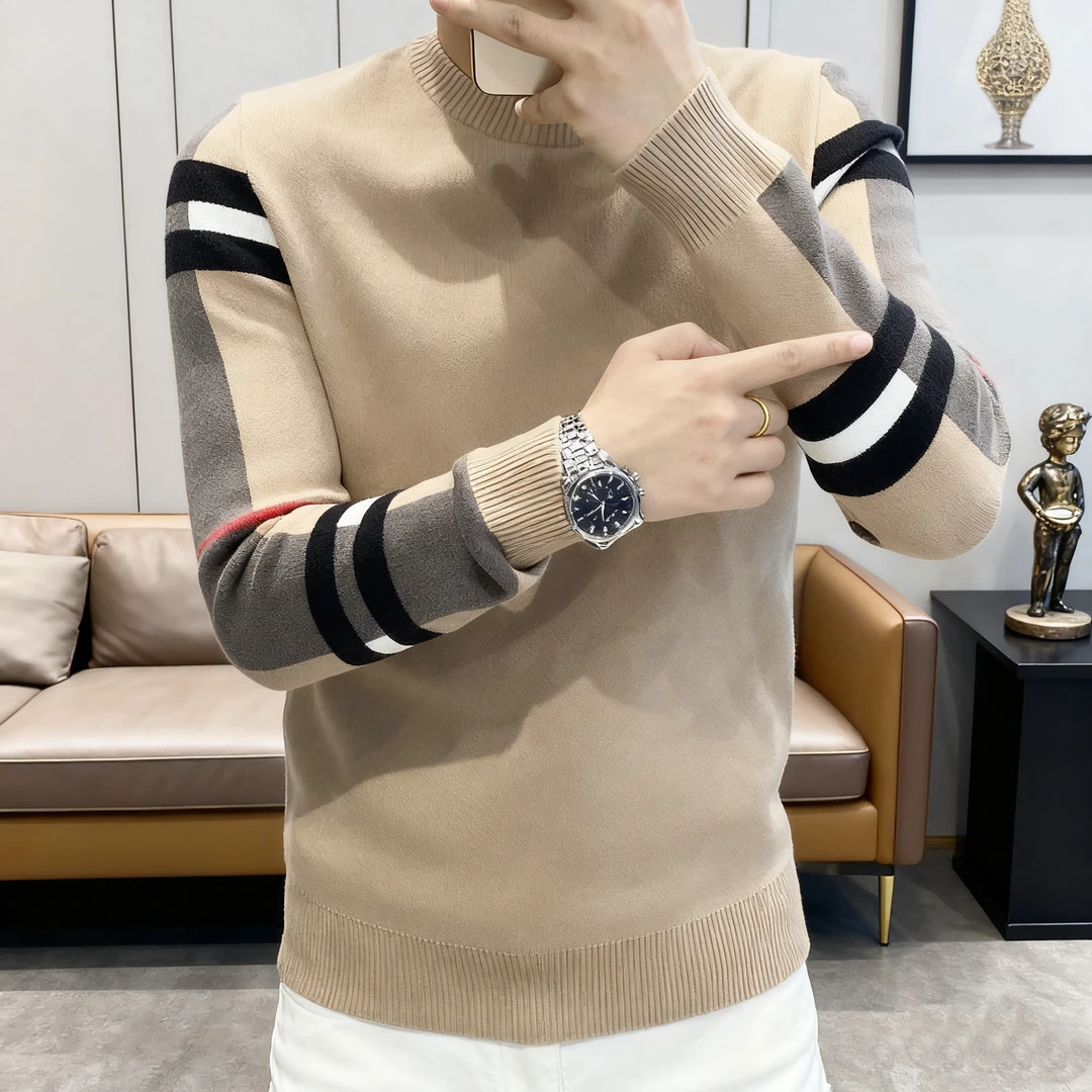 时尚秋冬爆款男士长袖毛衣潮流百搭休闲圆领拼色提花针织打底衫男