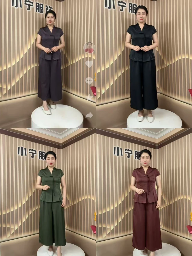 夏季简约妈妈时尚阔腿裤短袖套装气质减龄宽松国风