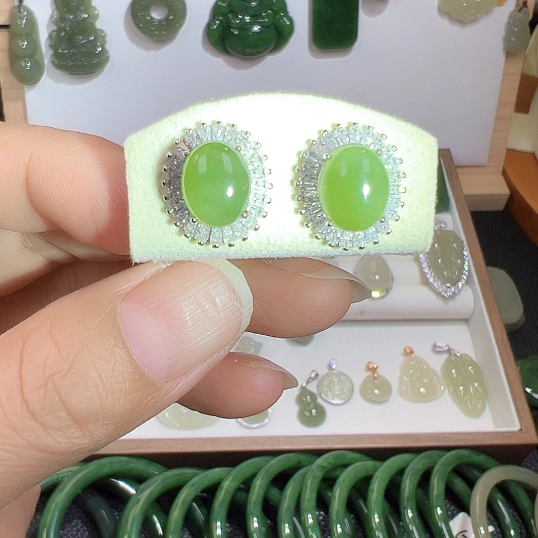 银S925镶嵌和田玉（碧玉）耳饰