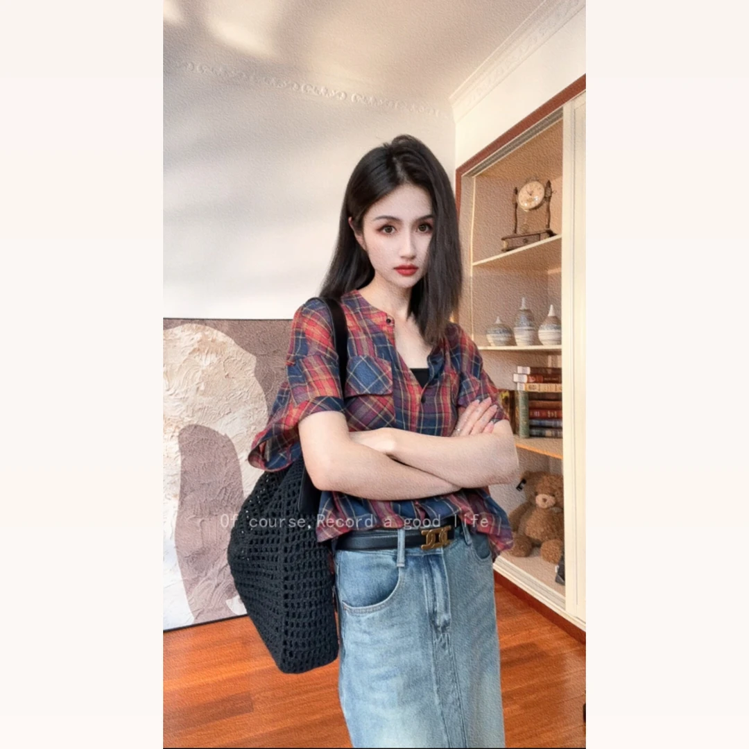 飒依尔-SYE夏季新款女装设计款前短后长时尚百搭宽松格纹衬衣808