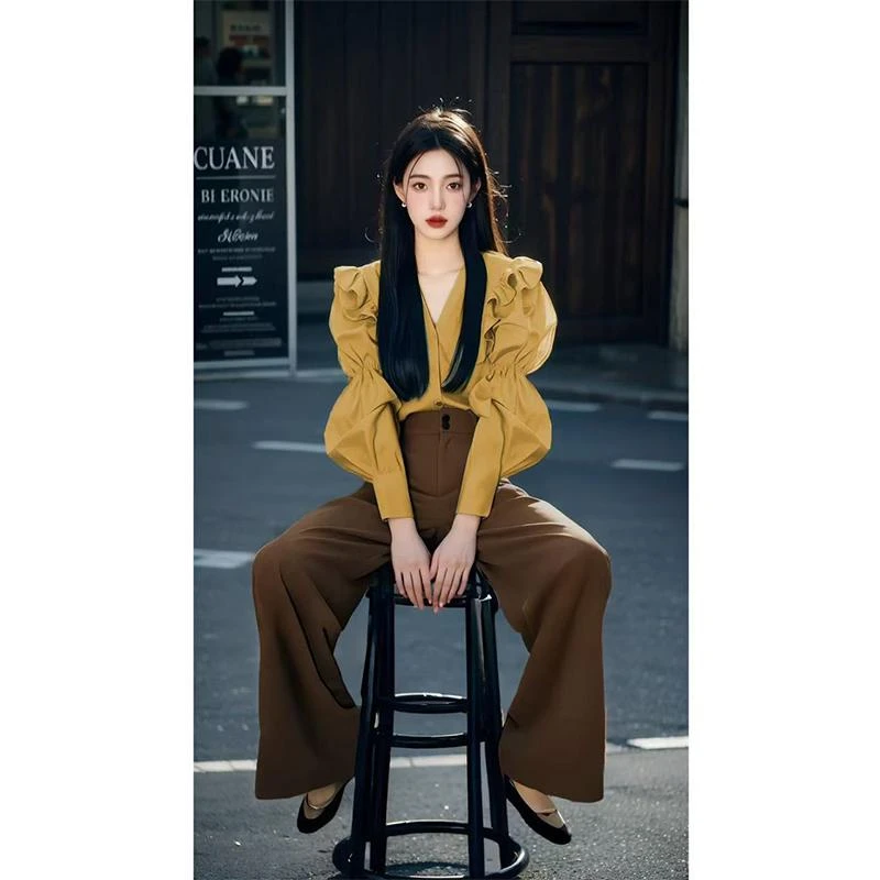 2025春季新款慵懒风韩系百搭显瘦拼接深黄色泡泡袖衬衫裤子套装女